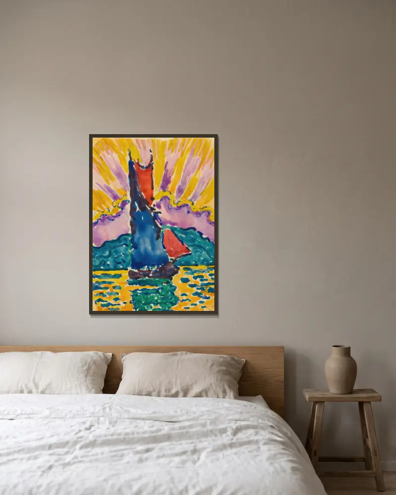 Coucher De Soleil (L’éventail) av Paul Signac inramad på en vägg