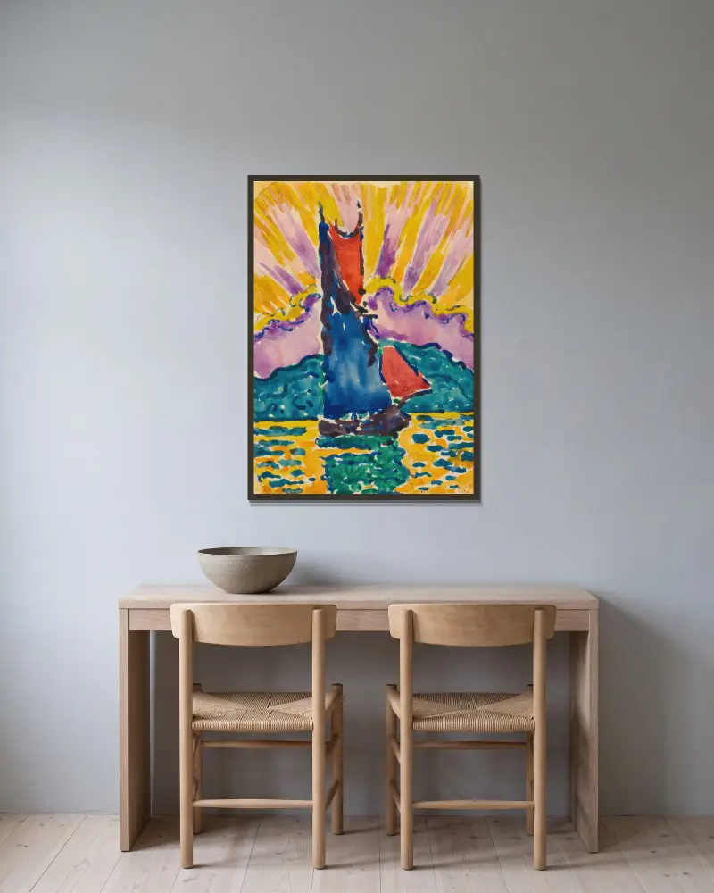 Coucher De Soleil (L’éventail) av Paul Signac inramad på en vägg