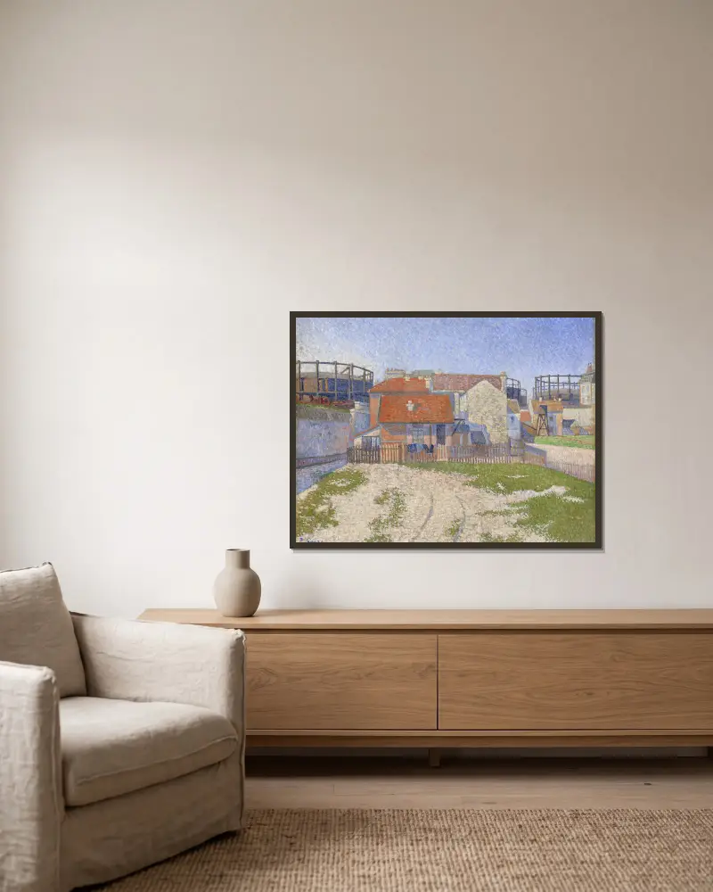Gasklockorna vid Clichy von Paul Signac gerahmt an einer Wand