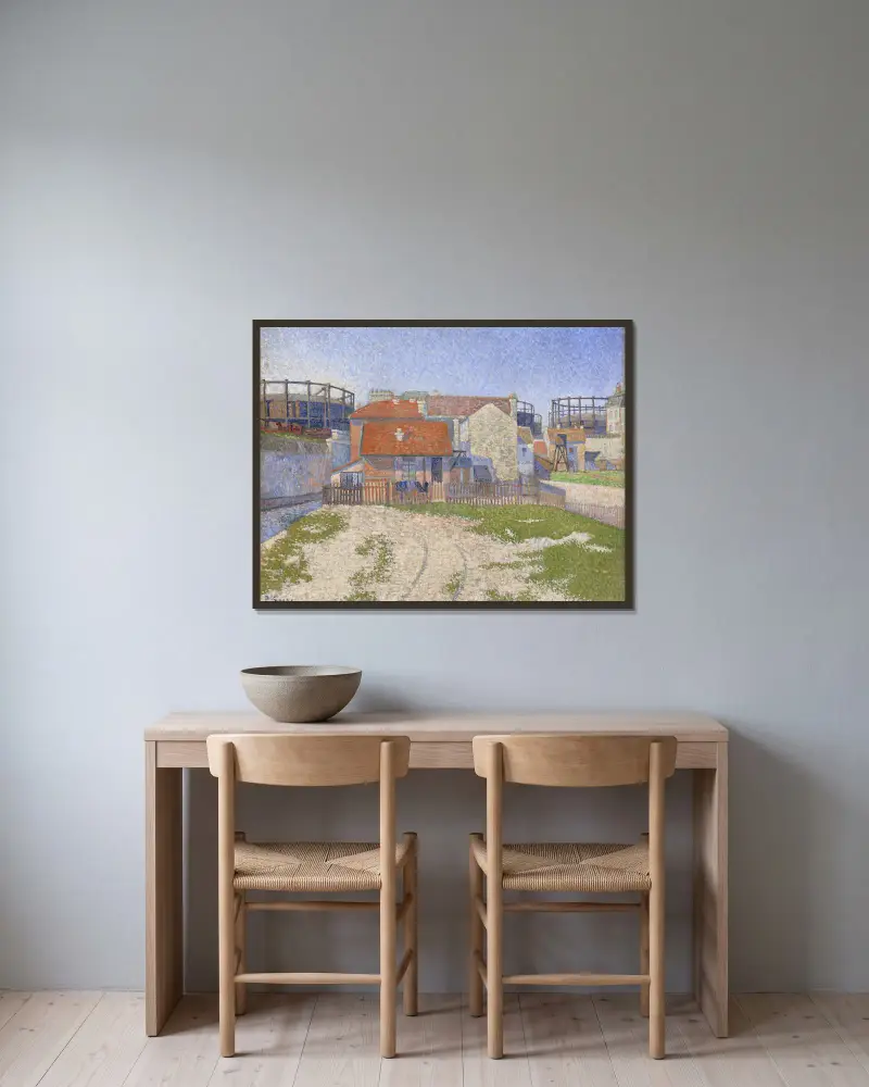 Gasklockorna vid Clichy von Paul Signac gerahmt an einer Wand