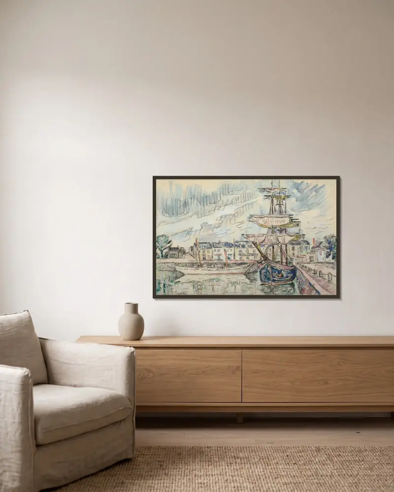 Goélettes à quai av Paul Signac inramad på en vägg