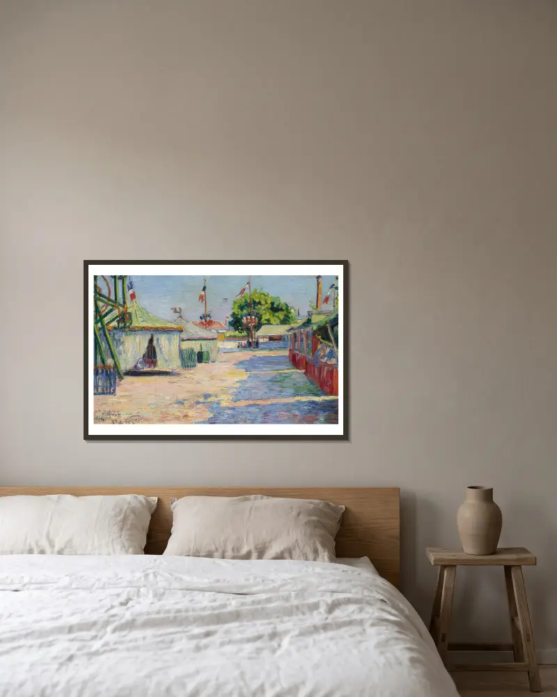 Das Fest in Asnières von Paul Signac gerahmt an einer Wand