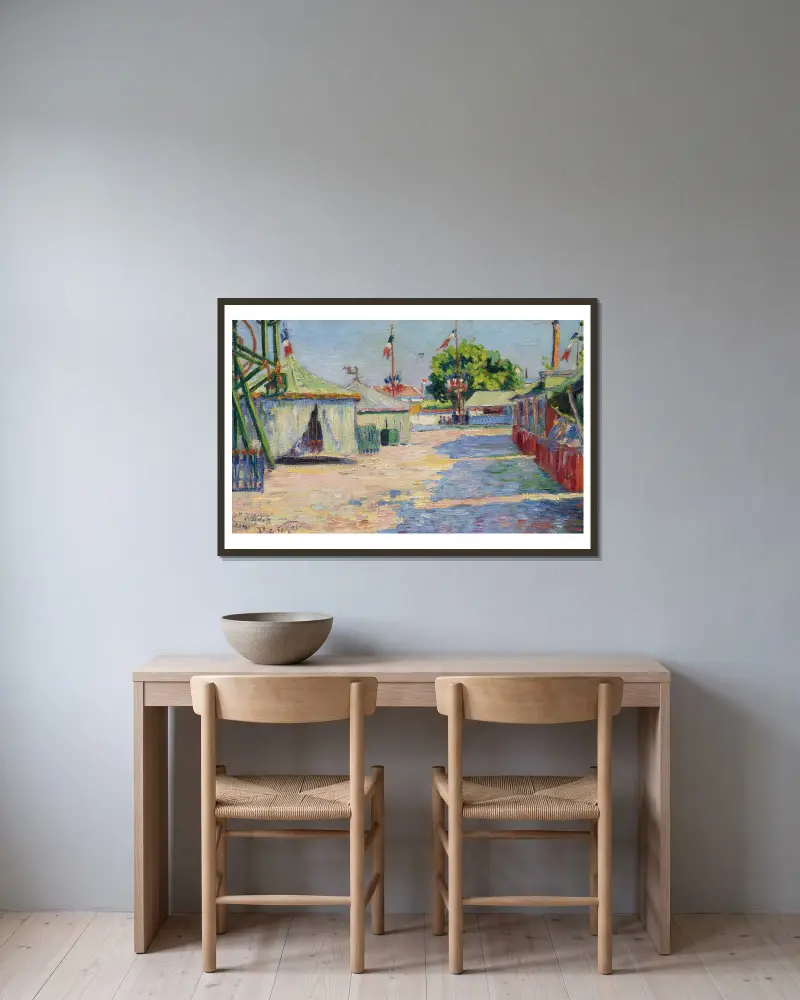 Das Fest in Asnières von Paul Signac gerahmt an einer Wand
