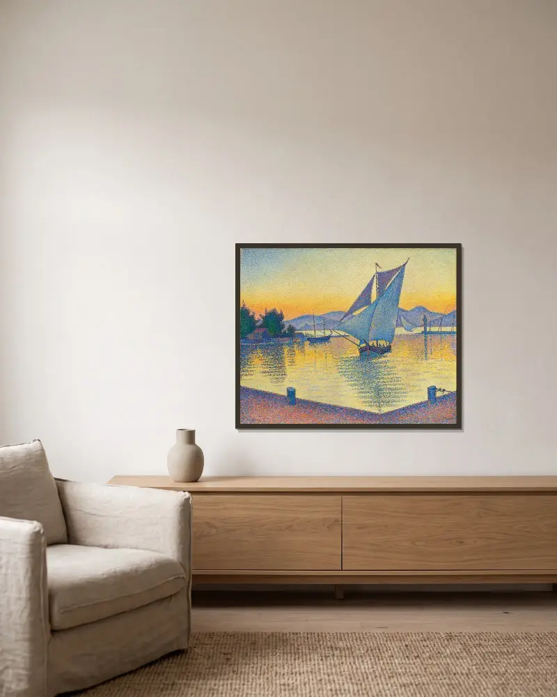 Der Hafen bei Sonnenuntergang, Opus 236 (Saint-Tropez) von Paul Signac gerahmt an einer Wand