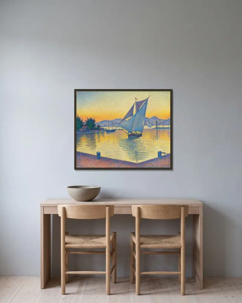 Der Hafen bei Sonnenuntergang, Opus 236 (Saint-Tropez) von Paul Signac gerahmt an einer Wand