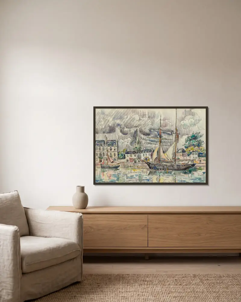 Hamnen i Paimpol av Paul Signac inramad på en vägg