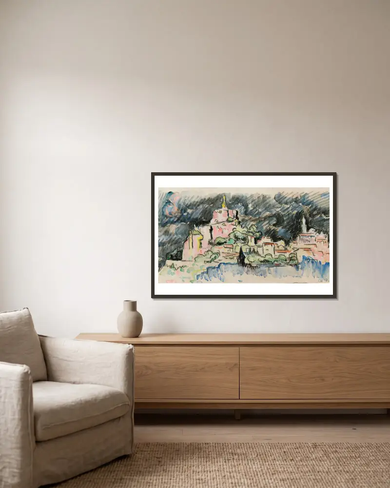 Le Puy-en-Velay, ovädershimmel av Paul Signac inramad på en vägg