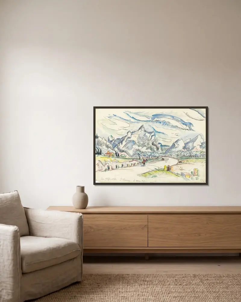 Les Alpilles sedda från Saint-Rémy-de-Provence av Paul Signac inramad på en vägg