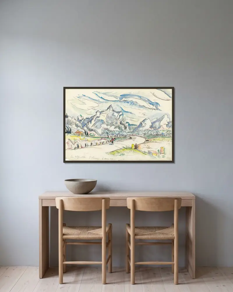 Les Alpilles sedda från Saint-Rémy-de-Provence av Paul Signac inramad på en vägg