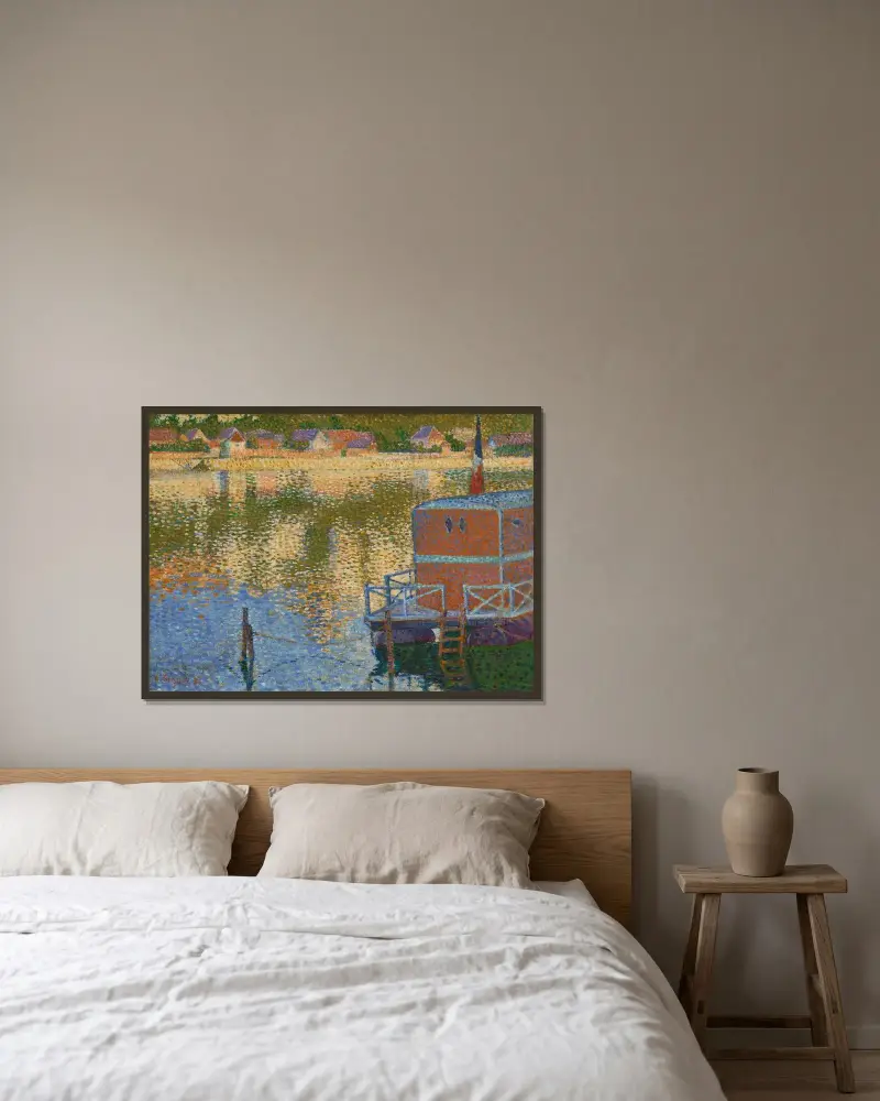 Les Andelys, les bains av Paul Signac inramad på en vägg