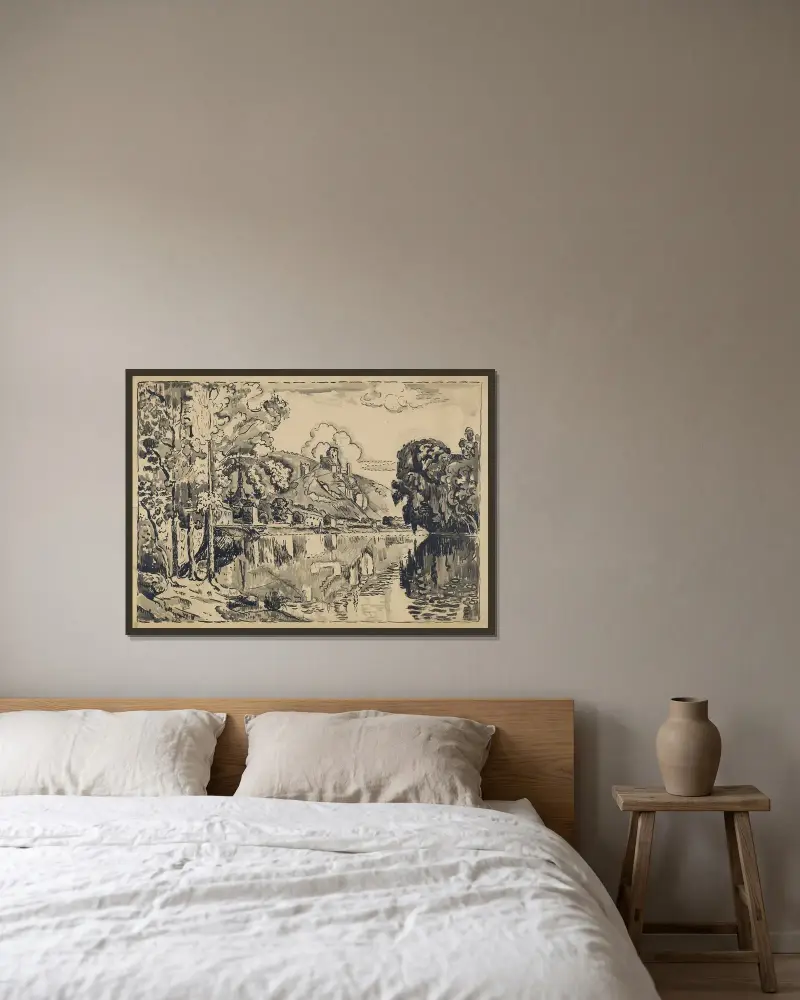 Les Andelys an einem Sommermorgen von Paul Signac gerahmt an einer Wand