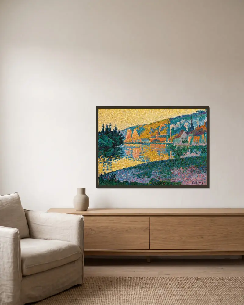 Les Andelys. Solnedgång av Paul Signac inramad på en vägg