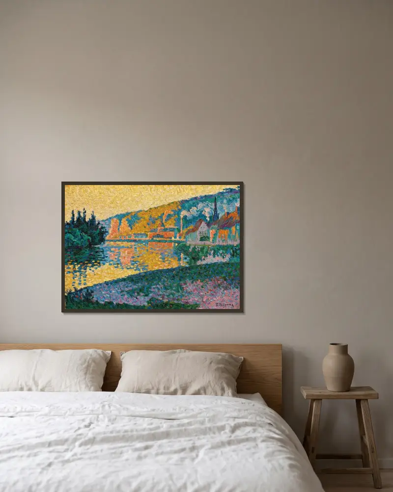 Les Andelys. Solnedgång av Paul Signac inramad på en vägg