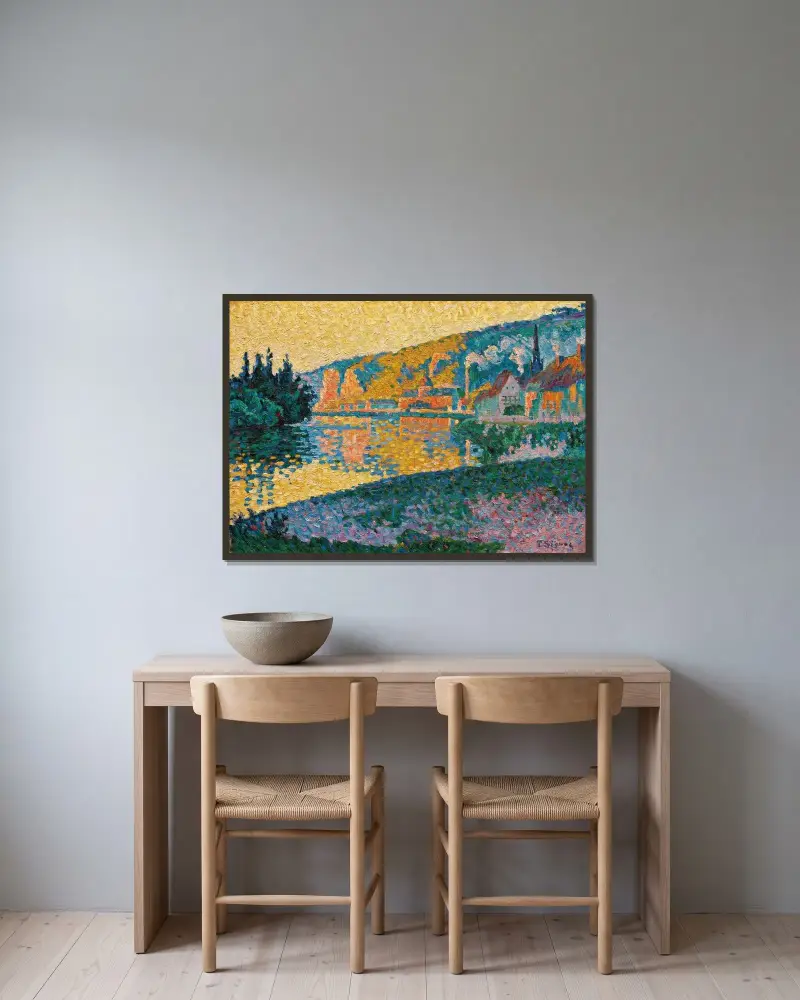 Les Andelys. Solnedgång av Paul Signac inramad på en vägg