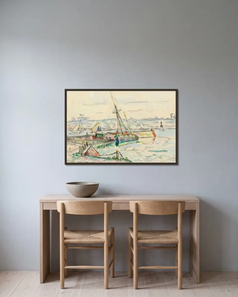 Lézardrieux, segelbåt vid kaj av Paul Signac inramad på en vägg