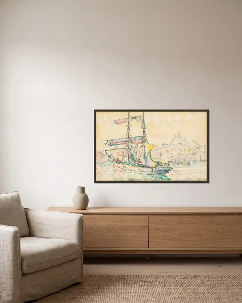 Marseille. Plachetnice, Paul Signac v rámu na stěně