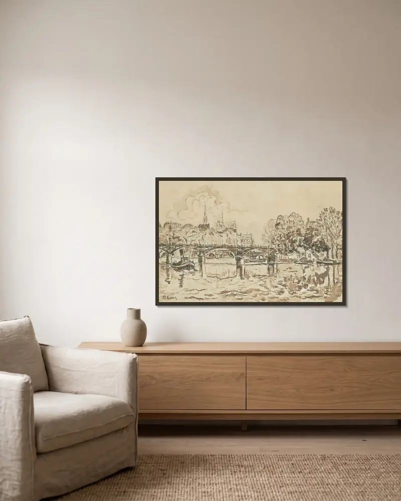Paris. Konstbron (La passerelle des Arts) av Paul Signac inramad på en vägg