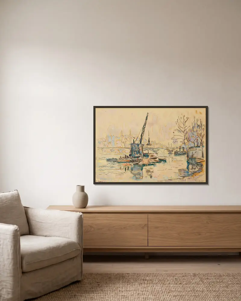 Paris, Die Seine am Quai Malaquais (der Kran) von Paul Signac gerahmt an einer Wand