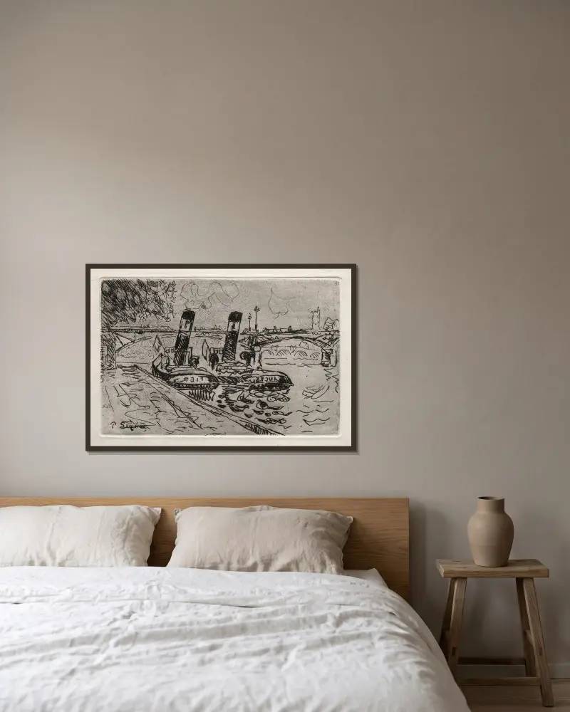 Paris, Pont des Arts med bogserbåtar av Paul Signac inramad på en vägg