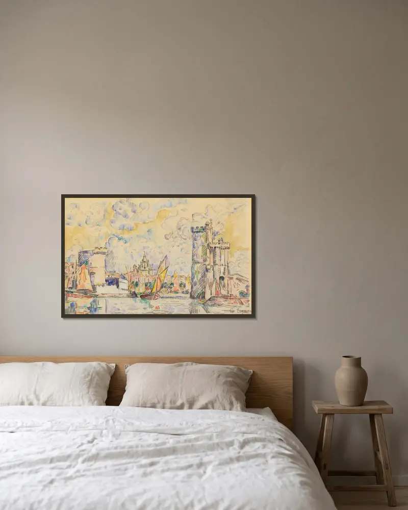 Hamnen i La Rochelle av Paul Signac inramad på en vägg