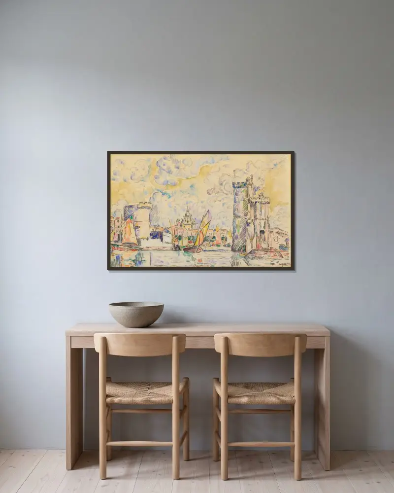 Hamnen i La Rochelle av Paul Signac inramad på en vägg