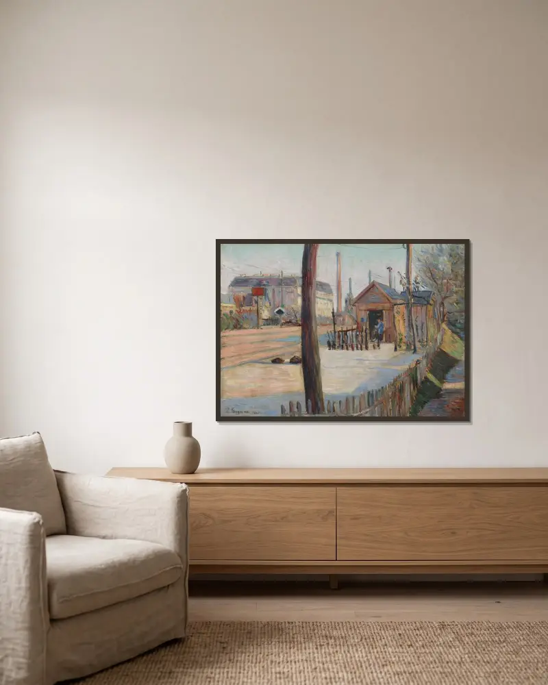 Järnvägskorsning nära Bois-Colombes av Paul Signac inramad på en vägg