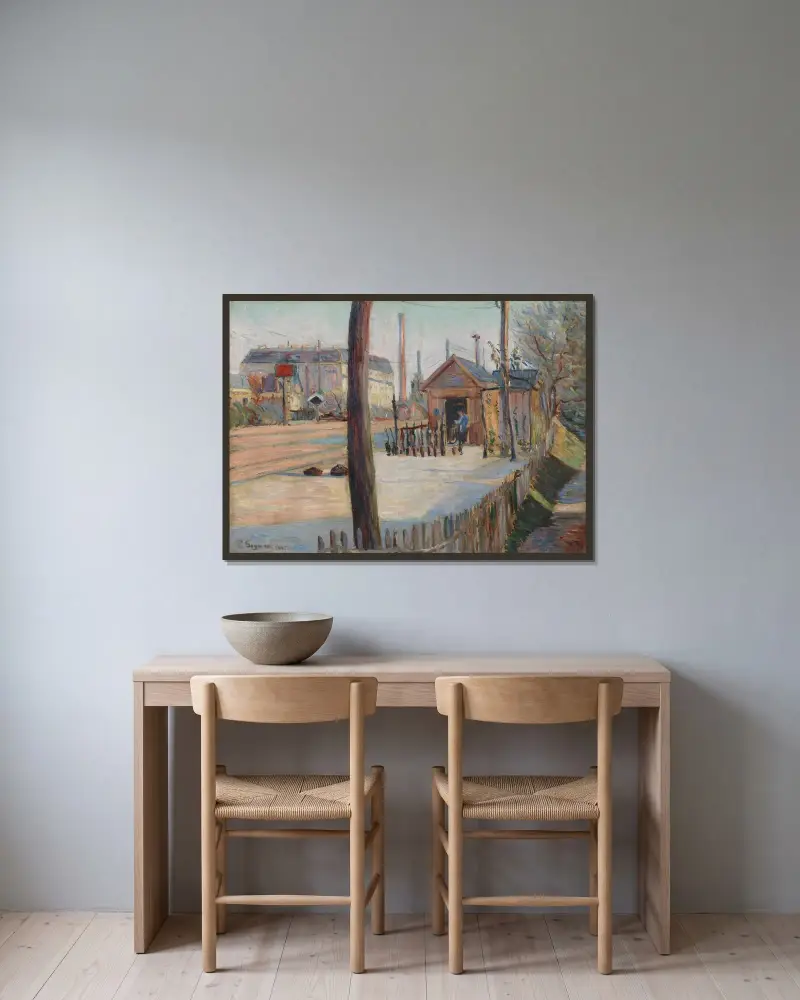 Järnvägskorsning nära Bois-Colombes av Paul Signac inramad på en vägg