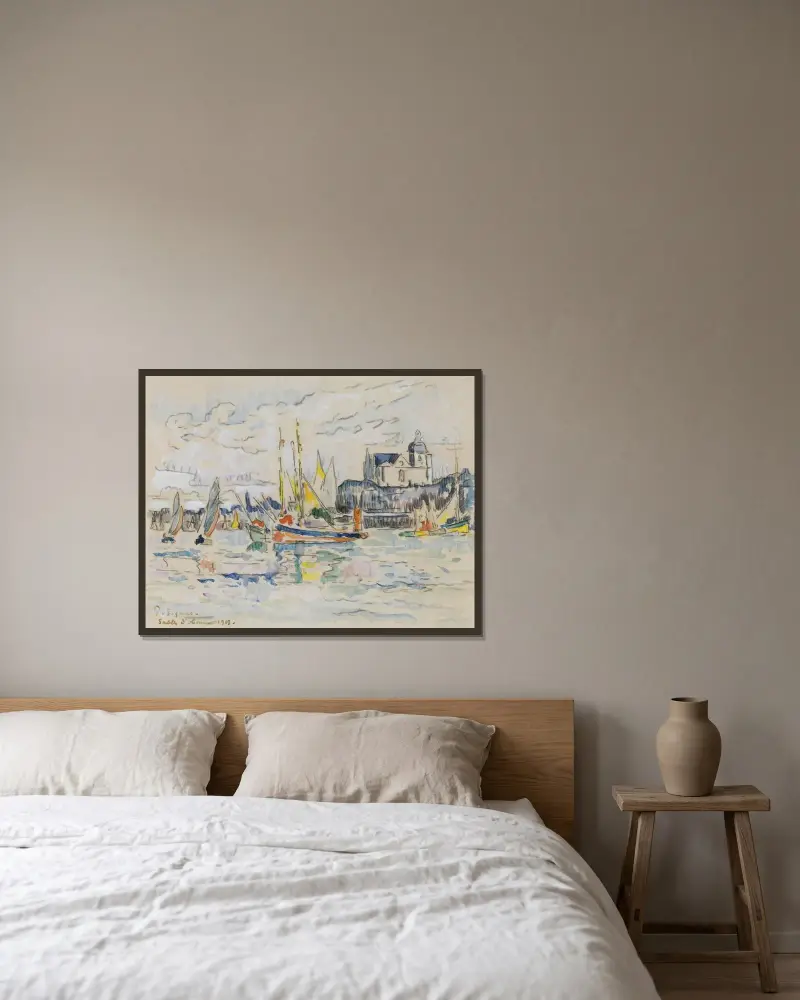 Sables d’Olonne, hamnvy av Paul Signac inramad på en vägg