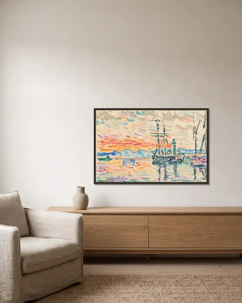 Saint-Tropez, hamnen i solnedgång av Paul Signac inramad på en vägg
