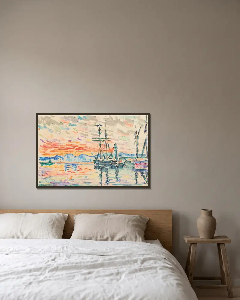 Saint-Tropez, hamnen i solnedgång av Paul Signac inramad på en vägg