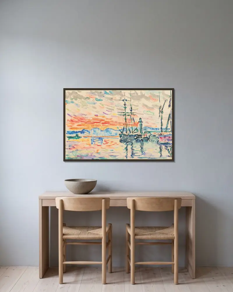 Saint-Tropez, hamnen i solnedgång av Paul Signac inramad på en vägg