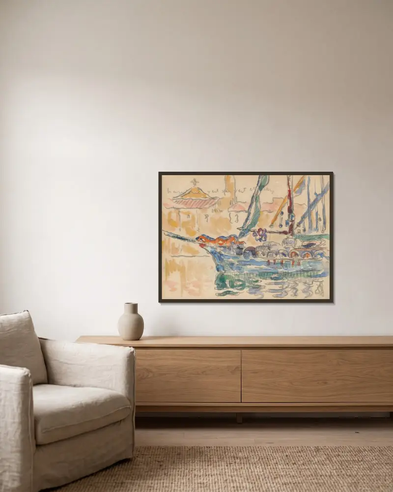 Saint-Tropez. Tartanerna av Paul Signac inramad på en vägg