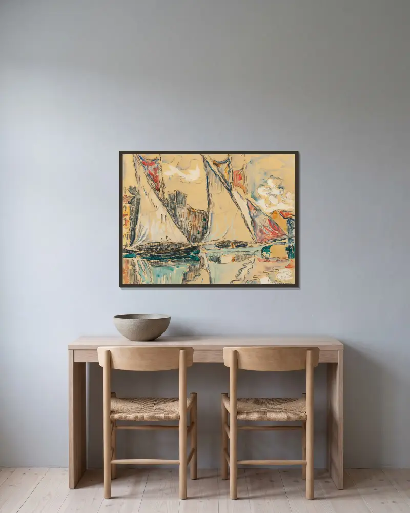 Saint-Tropez, složené plachty, Paul Signac v rámu na stěně