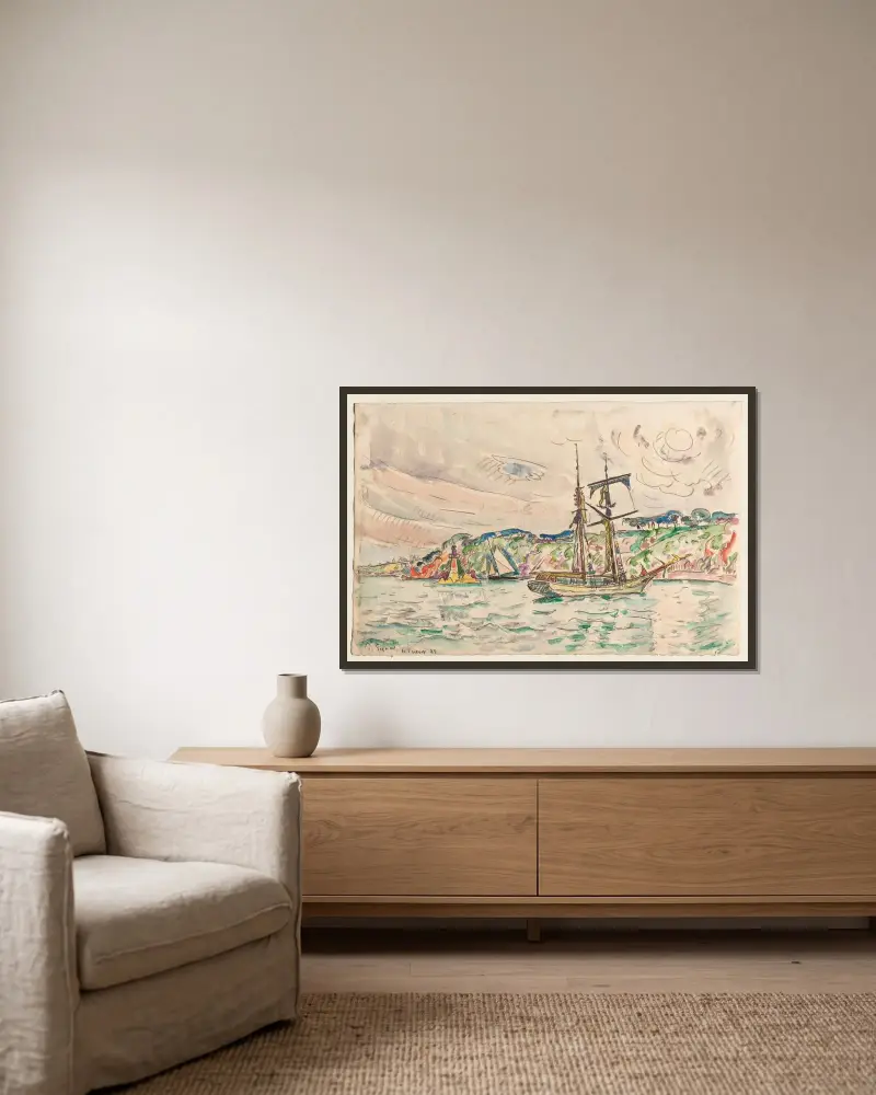 Fartyg nära Trieux-floden av Paul Signac inramad på en vägg