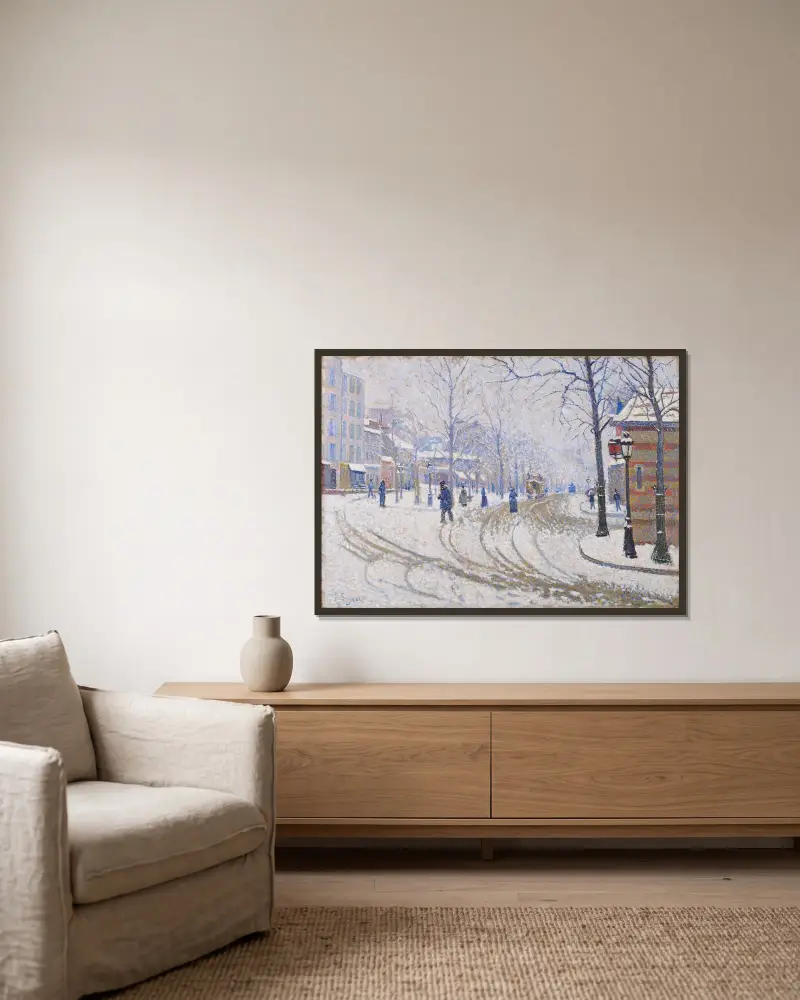 Snö, Boulevard de Clichy, Paris av Paul Signac inramad på en vägg