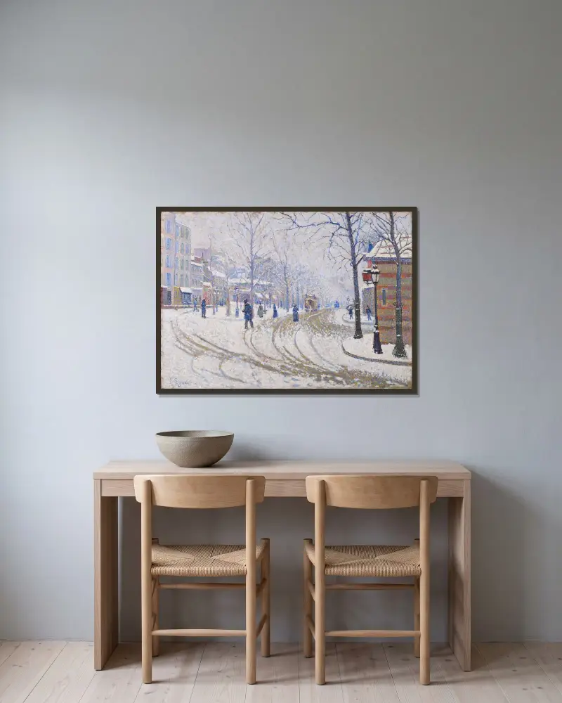 Snö, Boulevard de Clichy, Paris av Paul Signac inramad på en vägg