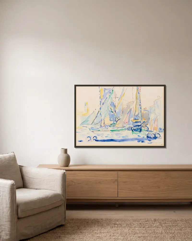 Saint-Tropez, tartaner i hamn av Paul Signac inramad på en vägg