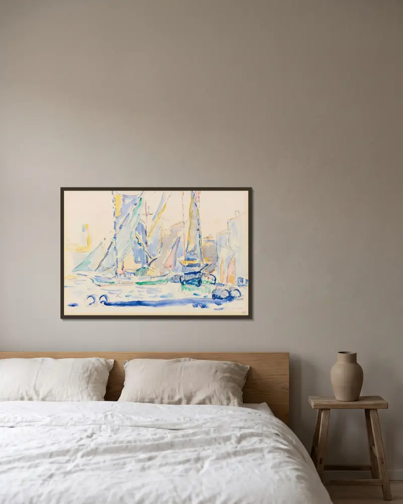 Saint-Tropez, tartaner i hamn av Paul Signac inramad på en vägg