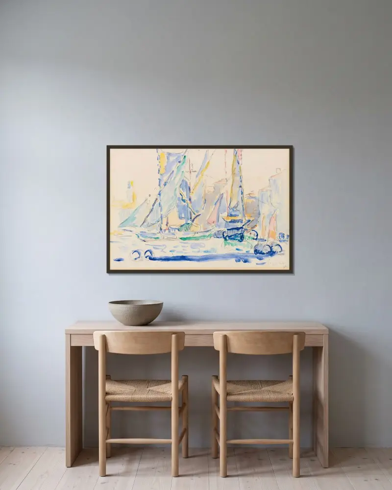 Saint-Tropez, tartaner i hamn av Paul Signac inramad på en vägg
