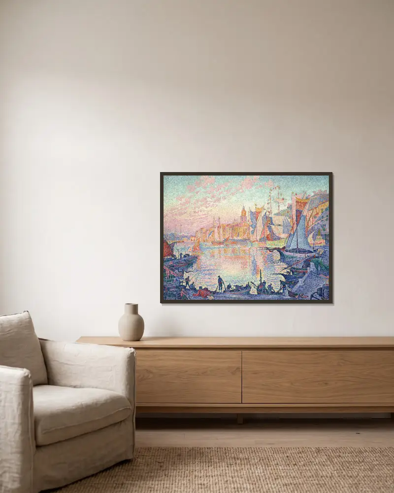 Hamnen i Saint-Tropez av Paul Signac inramad på en vägg