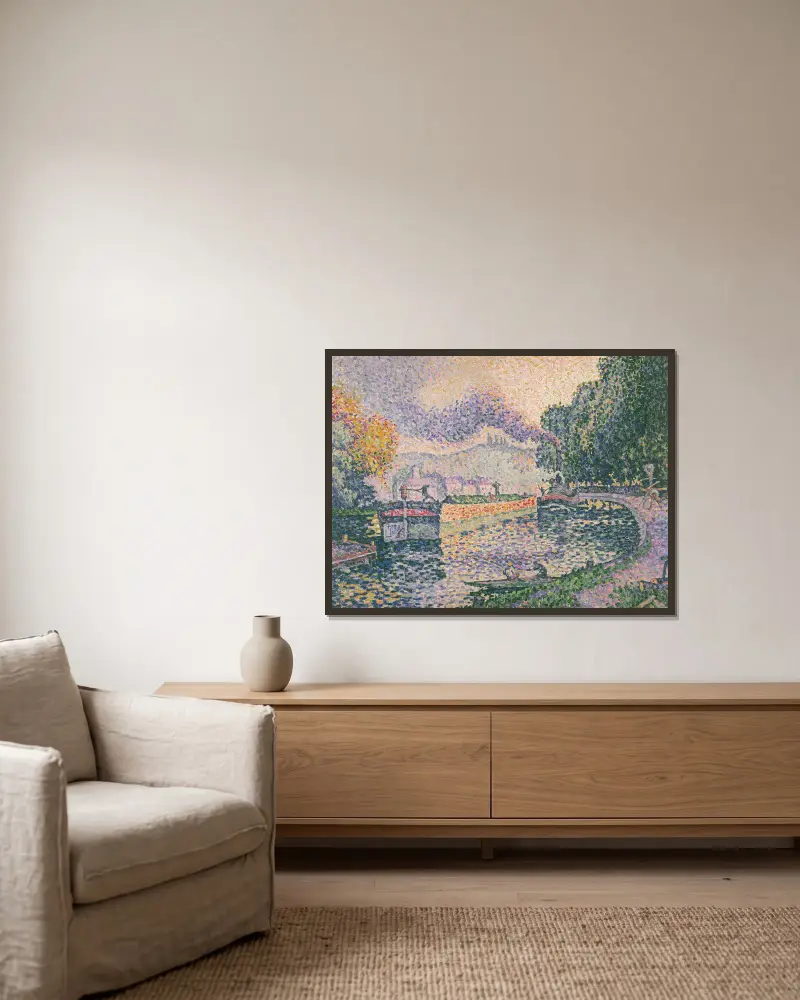 Bogserbåten, kanal i Samois av Paul Signac inramad på en vägg