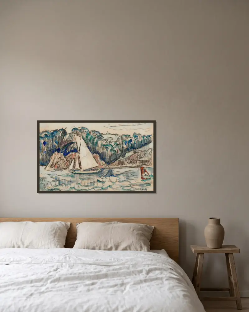 Segelboot auf dem Trieux von Paul Signac gerahmt an einer Wand