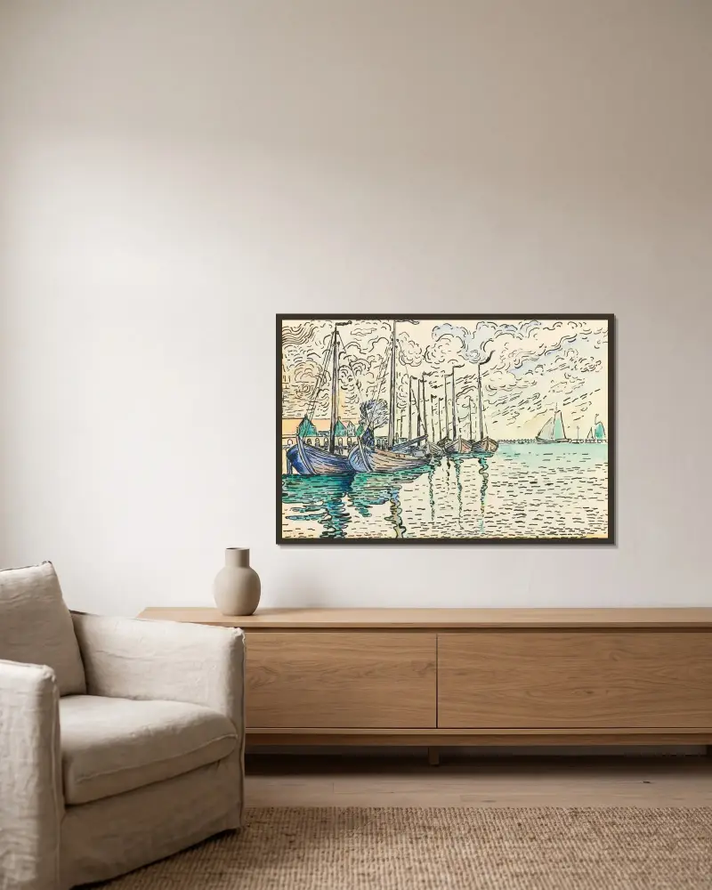 Volendam, rybářské bárky, Paul Signac v rámu na stěně