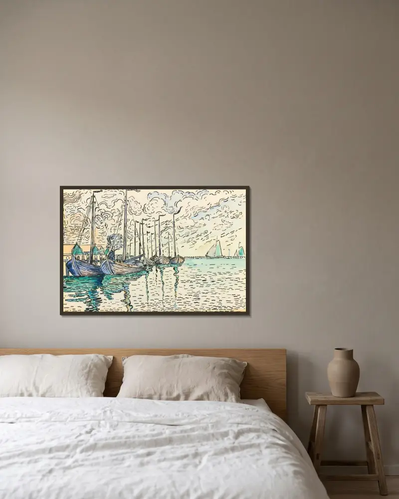 Volendam, rybářské bárky, Paul Signac v rámu na stěně