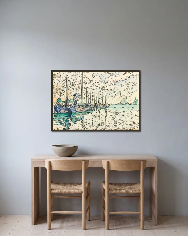 Volendam, rybářské bárky, Paul Signac v rámu na stěně