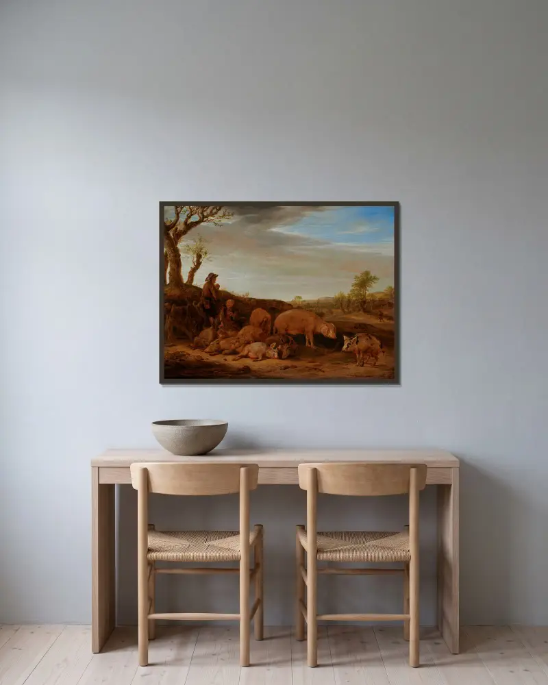 Landskap med svinhjord, svinherden samtalar med en annan man av Paulus Potter inramad på en vägg