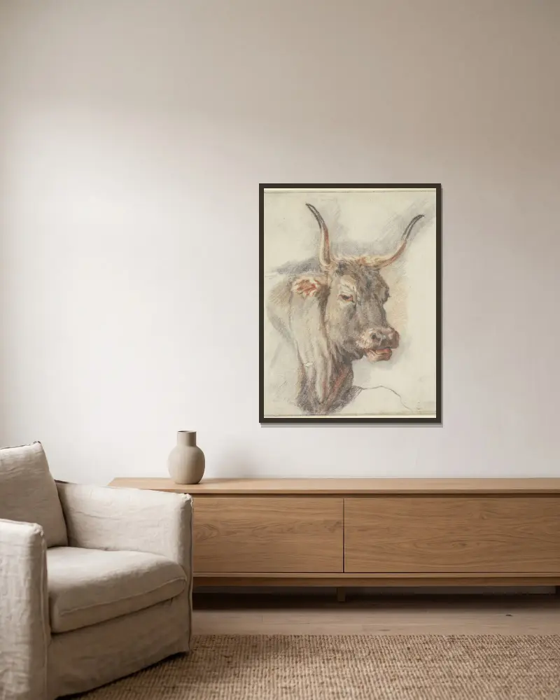 An ox head av Paulus Potter inramad på en vägg