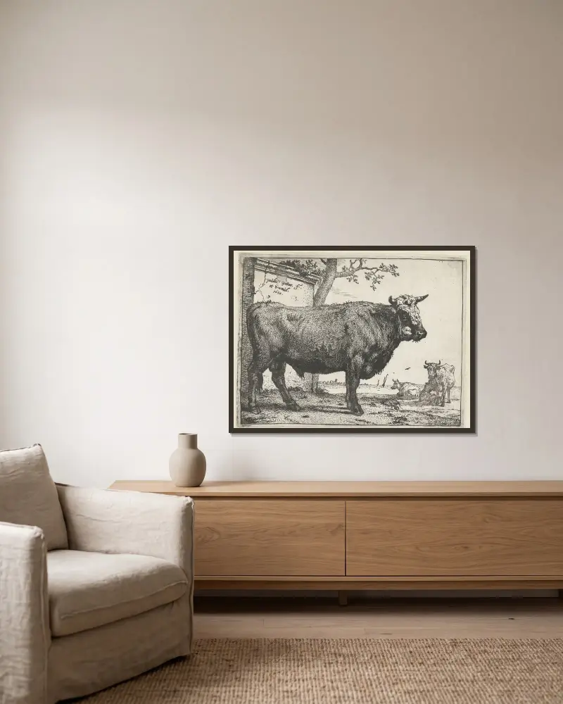 Bull av Paulus Potter inramad på en vägg