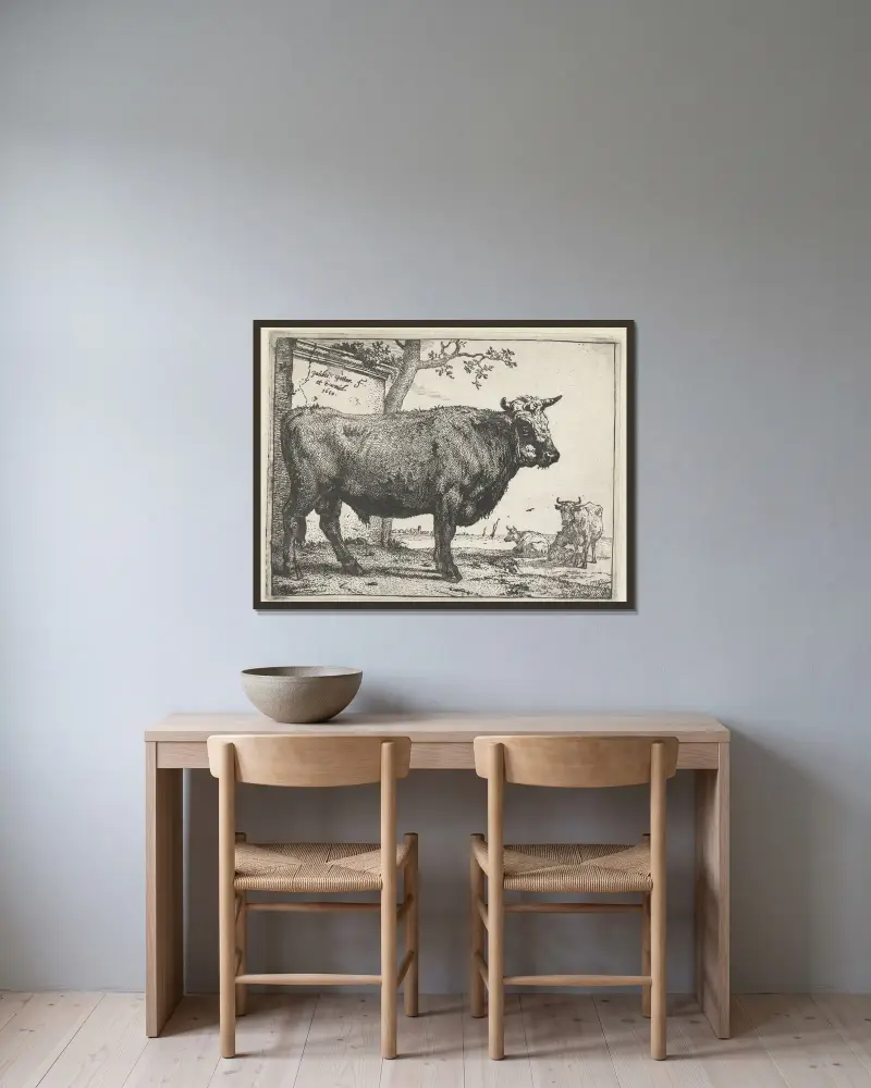 Bull av Paulus Potter inramad på en vägg