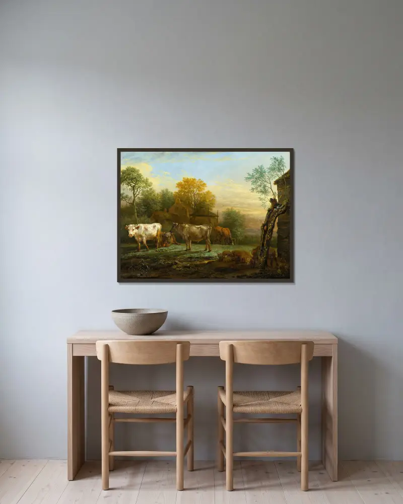 Cattle in a Meadow av Paulus Potter inramad på en vägg